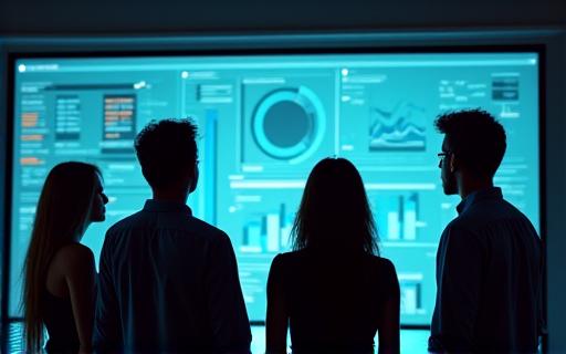 A team analyzing charts and data on a screen.