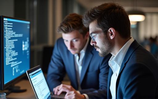 Two colleagues working together on a laptop, integrating a new system.