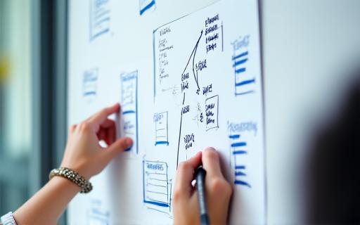 A person sketching a strategic flowchart on a whiteboard.